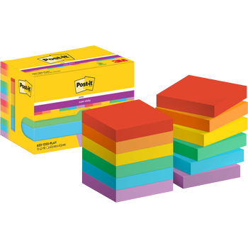 POST-IT Super Sticky Notes 622-12SS-PLAY 47,6 x 47,6 mm 90 Vellen per blok Blauw, geel, groen, paars, oranje, rood Vierkant Effen Pak van 12 (7100290166)