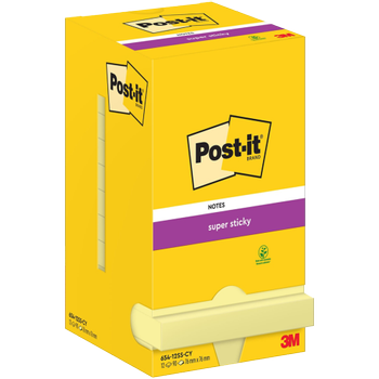 POST-IT Super Sticky Notes 654-12SS-CY 76 x 76 mm 90 Vellen per blok Geel Vierkant Effen Pak van 12 (7100290155)