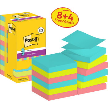 POST-IT Super Sticky Z-Notes vierkant 76 x 76 mm blanco assortiment R330-SSCOS-P8/ +4 90 12 stuks à 90 vellen (8+4 gratis) (7100290176)