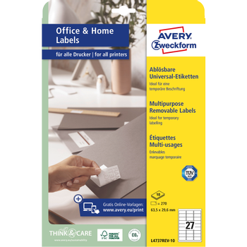 Avery Zweckform Avery Multifunctionele etiketten L4737REV-10 Klevend A4 Wit 6,35 x 32,7 x 2,96 cm 10 Vellen à 27 Etiketten (L4737REV-10)