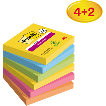POST-IT Super Sticky Notes 76 x 76 mm Carnival Kleurenassortiment 90 Vellen Voordeelpak 4 blokken + 2 GRATIS (7100259230)