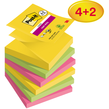 POST-IT Carnival Collection Super Sticky Z-Notes Vierkant 76 x 76 mm Blanco Kleurenassortiment 90 Vellen Voordeelpak 4 blokken + 2 GRATIS (7100259228)