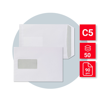 VIKING Enveloppen Met venster C5 229 (B) x 162 (H) mm Zelfklevend Wit 90 g/m² 50 Stuks (30130849)