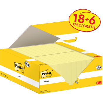 POST-IT Zelfklevende memoblaadjes Kanariegeel 38 x 51 mm 24 Blokken à 100 Vellen Value Pack 18+6 Gratis (653-CY-VP24)