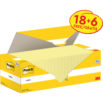 POST-IT Zelfklevende memoblaadjes Kanariegeel 76 x 76 mm 24 Blokken à 100 Vellen Value Pack 18 + 6 Gratis (654-CY-VP24)