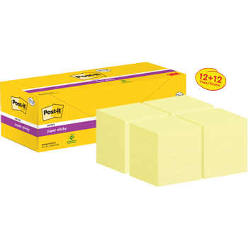 POST-IT Super Sticky Notes 76 x 76 mm Kanariegeel 24 Blokken à 90 vellen 12 + 12 Gratis (7100290162)