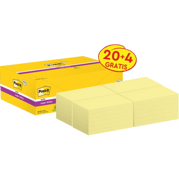 POST-IT Super Sticky Notes 76 x 127 mm Geel 24 Blokken à 90 Vellen Value Pack 20+4 Gratis (655-SSCY VP24)