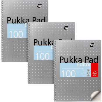 PUKKA Metallic Schrijfblok A4 Geruit Dubbeldraads Zijgebonden Karton Harde rug Grijs Geperforeerd 100 Pagina's Pak van 3 (EM003SQ)