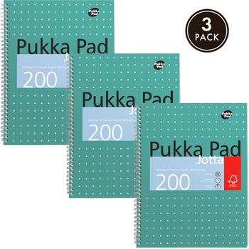 PUKKA Metallic Schrijfblok A4 Gelinieerd Dubbeldraads Zijgebonden Karton Harde rug Groen Geperforeerd 200 Pagina's Pak van 3 (JM018)