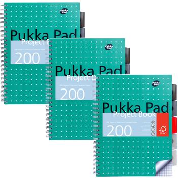 PUKKA Metallic Schrijfblok A4 Geruit Dubbeldraads Zijgebonden PP (Polypropeen) Harde rug Groen Niet geperforeerd 200 Pagina's Pak van 3 (8521-METSQ)