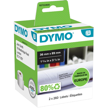 DYMO LW S0722400 / 99012 Authentiek Grote Adresetiketten Zelfklevend Wit 36 x 89 mm 2 Rollen à 260 Etiketten (S0720970)