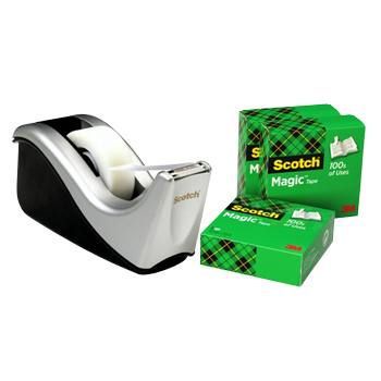SCOTCH Plakbandafroller C60 Zwart & Zilver met 4 rollen Scotch Magic Tape 810 Plakband Onzichtbaar Mat 19 mm (B) × 33 m (L) (C60-ST4)