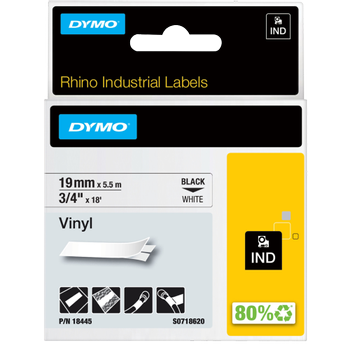 DYMO IND S0718620 / 18445 Authentiek Rhino Vinyl Labeltape Zelfklevend Zwart op wit 19 mm x 5.5m (S0220481)