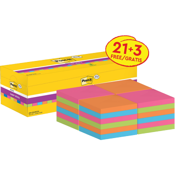 POST-IT Super Sticky Notes 76 x 76 mm Neon Kleuren 90 Vellen Voordeelpak 21 blokken + 3 GRATIS (654SSVP24COLEU)