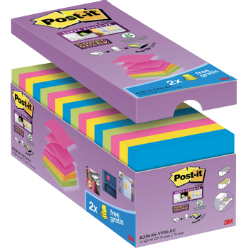 POST-IT Super Sticky Z-Notes 76 x 76 mm Neon Kleuren 90 Vellen Voordeelpak 14 blokken + 2 GRATIS (R330SSVP16EU)