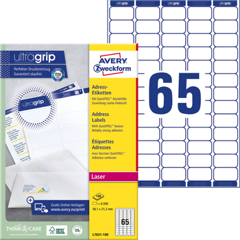 Avery Zweckform Avery Ultragrip Etiketten UltraGrip Klevend A4 Wit 38,1 x 21,2 mm 100 Vellen à 65 Etiketten (L7651-100)
