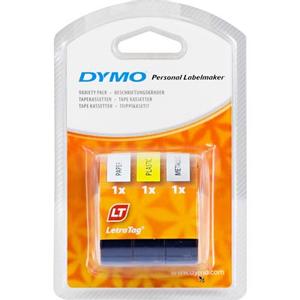 DYMO Dymo Letratag tape, 12mm x 4m (3 ruller), sort skrift på gul/ sølv/ hvid,  papir/ metallic/ plastik (S0721800)