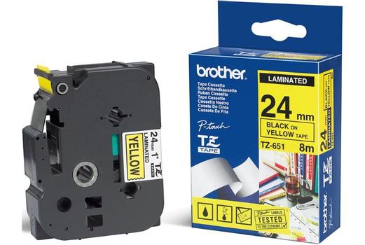 Brother TZe-651 P-Touch 24mm tape Sort på gul, standard laminert, 8 meter (gir ca 100 etiketter) (TZE651)
