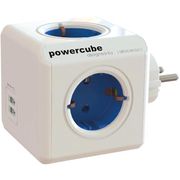 ALLOCACOC PowerCube Original USB - 4xCEE 7/4-uttak og 2xUSB for ladning av mobile enheter, 1xCEE 7/7 tilkobling, barnesikrede kontakter, hvit/blå