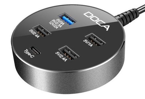 DOCA USB ladestasjon 5 porter Qualcomm Quick Charge 3.0 + USB-C (D576)