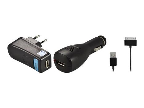 Deltaco IPD-KIT2 - Batterilader + AC-strømadapter + bilstrømadapter - 2.1 A (USB) - svart - for Apple iPad/iPhone/iPod