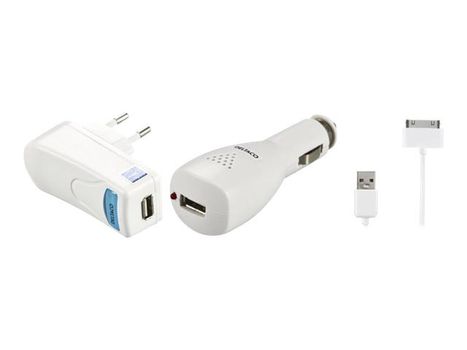 Deltaco IPNE-KIT3 - Batterilader + AC-strømadapter + bilstrømadapter - 1 A (USB) - hvit - for Apple iPad/iPhone/iPod