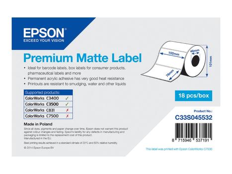 Epson Premium - stanseskårne etiketter - matt - 440 etikett(er) - 102 x 76 mm (C33S045532)