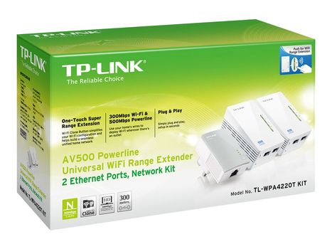 TP-Link TL-WPA4220T KIT AV500 Powerline Universal WiFi Range Extender, 2 Ethernet Ports, Network Kit - strømlinjeadaptersett - Wi-Fi - veggpluggbar (TL-WPA4220TKIT)