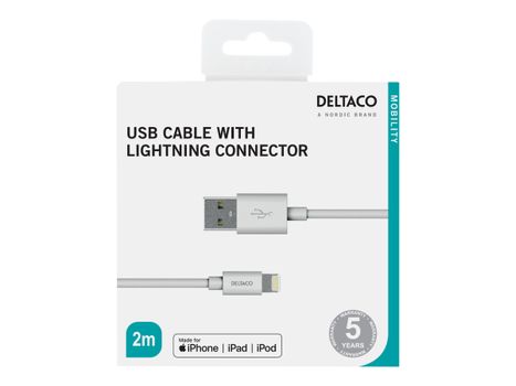 Deltaco IPLH-173 - Lightning-kabel - USB (hann) til Lightning (hann) - 1.8 m - hvit - for Apple iPad/ iPhone/ iPod (Lightning) (IPLH-173)