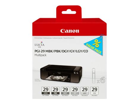Canon PGI-29 MBK/ PBK/ DGY/ GY/ LGY/ CO Multipack - 6-pack - grå, lysegrå, mørk grå, matt svart, fotosort, kromaoptimerer - original - blekkbeholder (4868B018)
