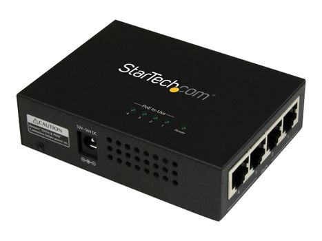 StarTech 4 Port Gigabit Midspan - PoE+ Injector - 802.3at and 802.3af - Wall-mountable Power over Ethernet Midspan (POEINJ4G) - strøminjektor - 120 watt (POEINJ4G)
