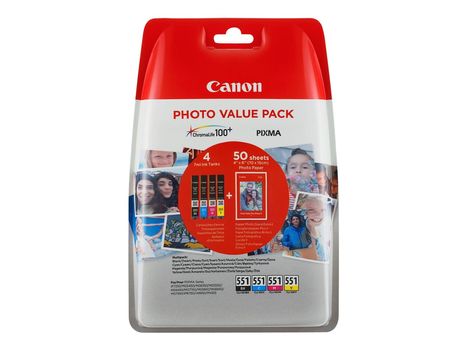 Canon CLI-551 C/M/Y/BK Photo Value Pack - 4-pack - 7 ml - svart, gul, cyan, magenta - original - blister med sikkerhet - blekkbeholder / papirsett - for PIXMA iP8750, iX6850, MG5550, MG5650, MG5655, MG6450, (6508B006)