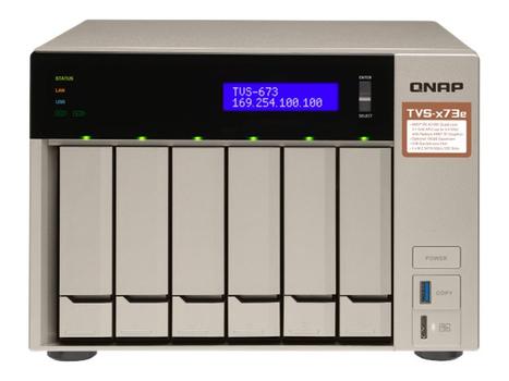 QNAP TVS-673e - NAS-server - 6 brønner - SATA 6Gb/s - RAID 0, 1, 5, 6, 10, 50, JBOD, 5 hot spare, 6 hot spare, 60, 50 hot spare, 10 hot spare, 1 aktiv reservedel,  60 hot spare - RAM 4 GB - Gigabit Ethernet (TVS-673E-4G)