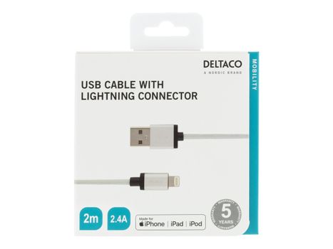 Deltaco IPLH-230F - Lightning-kabel - USB (hann) til Lightning (hann) - 2 m - sølv (IPLH-230F)