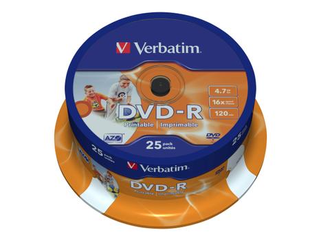Verbatim 25 x DVD-R - 4.7 GB 16x - bred fotoskrivbar overflate - spindel (43538)