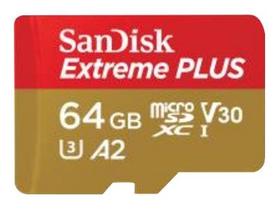 SanDisk Extreme PLUS - Flashminnekort (microSDXC til SD-adapter inkludert) - 64 GB - A2 / Video Class V30 / UHS-I U3 / Class10 - microSDXC UHS-I (SDSQXBZ-064G-GN6MA)
