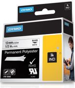 DYMO Rhino Professional 12mm, 5.5mm Merkebar permanent polyesterteip, svart tekst på hvit teip