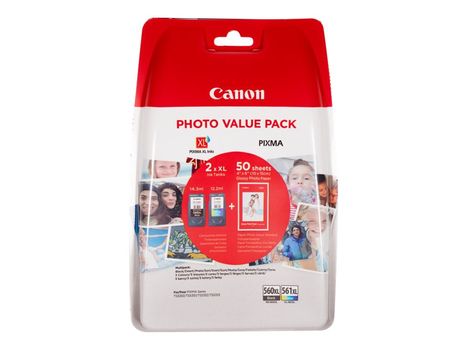Canon PG-560XL/ CL-561XL Photo Value Pack - 2-pack - Høy ytelse - svart, farge (cyan, magenta, gul) - original - blank - 50 ark - 100 x 150 mm - blekkpatron/ papirsett (3712C004)