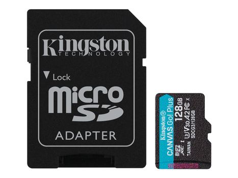Kingston Canvas Go! Plus 128GB microSD-kort,  UHS-I, U3, V30, A2, inkludert SD-adapter (SDCG3/128GB)
