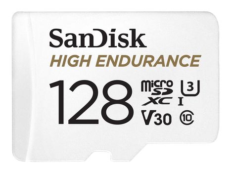 SanDisk High Endurance - Flashminnekort (microSDXC til SD-adapter inkludert) - 128 GB - Video Class V30 / UHS-I U3 / Class10 - microSDXC UHS-I (SDSQQNR-128G-GN6IA)