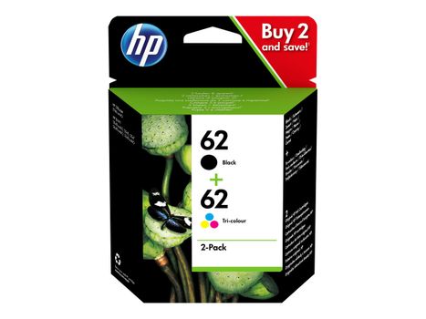 HP 62 - 2-pack - farge (cyan, magenta, gul), pigmentert svart - original - blekkpatron (N9J71AE)