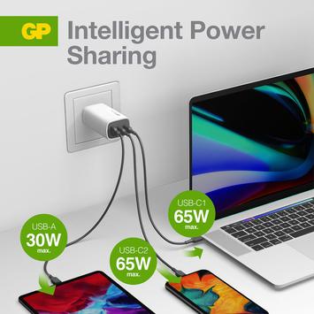 GP reiselader GaN PD 65W 2x USB-C, 1x USB-A - inkludert USB-C til USB-C-kabel (405186)