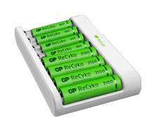 GP ReCyko Charger 8 ladespor NiMH, 4 x AA 2100mAh + 4 x AAA 850mAh NiMH-batterier