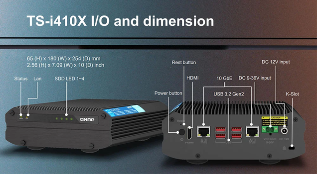 QNAP TS-I410X-8G - 2x10GbE industrial NAS 4x 2.5", MIL-STD-810H,  -40°C - 70°C, 9V - 36V DC, vifteløs (TS-I410X-8G)