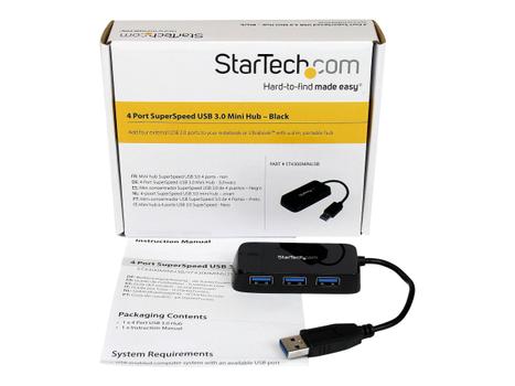 StarTech 4-Port USB 3.0 SuperSpeed Hub - Portable Mini Multiport USB Travel Dock - USB Extender Black for Business PC/Mac, laptops (ST4300MINU3B) - hub - 4 porter (ST4300MINU3B)