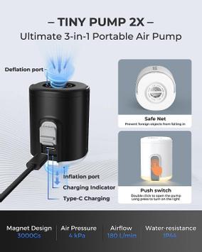 Flextail Tiny Pump 2X luftpumpe med tømmefunksjon - for liggeunderlag,  puter, badeleker mm. (TINYPUMP-X2)