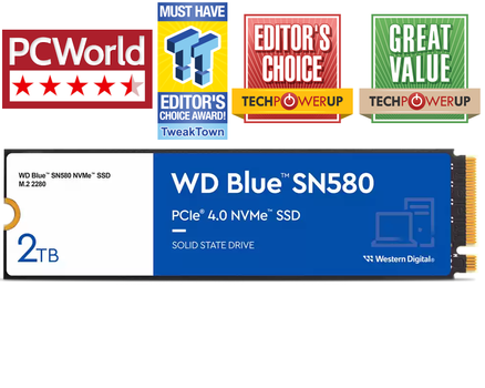 WD Blue SN580 2TB NVMe PCIe 4.0 SSD M.2 - 4150MB/s lesehastighet, 4150MB/s skrivehastighet