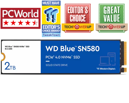 WD Blue SN580 2TB NVMe PCIe 4.0 SSD M.2 - 4150MB/s lesehastighet,  4150MB/s skrivehastighet (WDS200T3B0E)