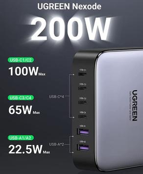 Ugreen 200W GaN hurtiglader PPS 4x USB-C, 2x USB-A, Power Delivery 3.0, Qualcomm Quick Charge 4+ (40914)