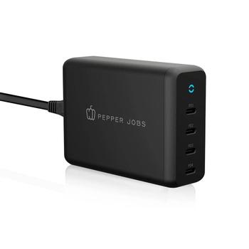 Pepper Jobs 165W GaN hurtiglader PPS 4x USB-C PD 3.0, inkludert strømledninger for Europa, England og USA (GaN-PD165W)